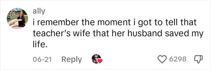 Social media comment about meaningful teacher's impact, with 6298 likes and a heart emoji.