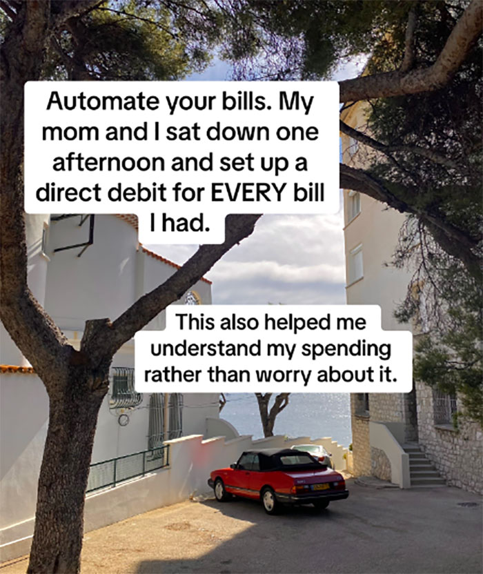 Burnout advice with text about automating bills overlaid on an outdoor scene with a red convertible car.