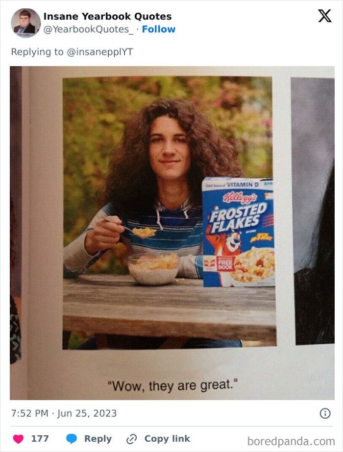 A student eating Frosted Flakes cereal, sharing a funny epic yearbook quote about the cereal.