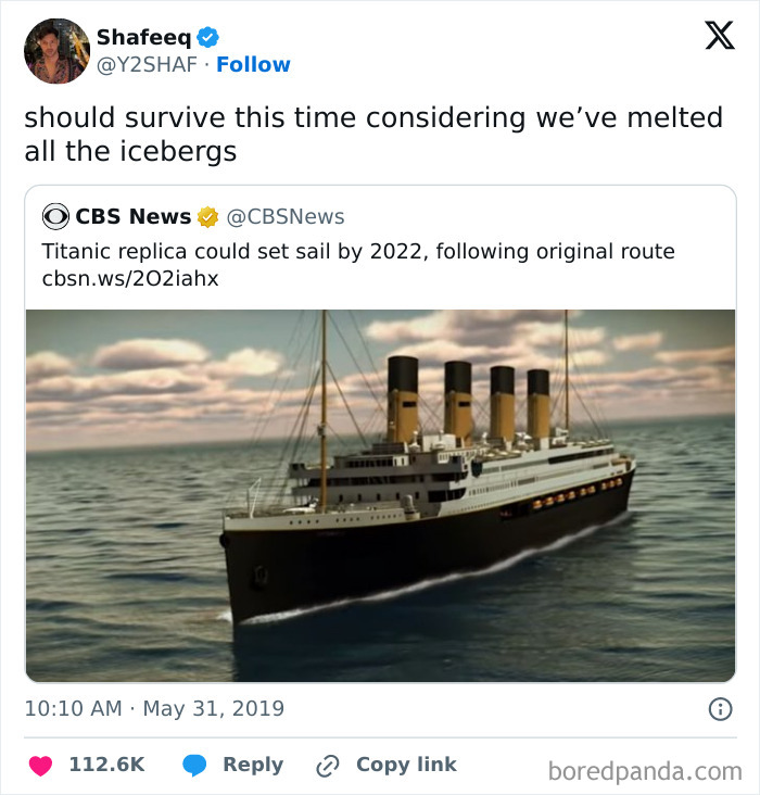 Titanic meme with tweet about replica ship and melted icebergs, shared in a funny memes group.