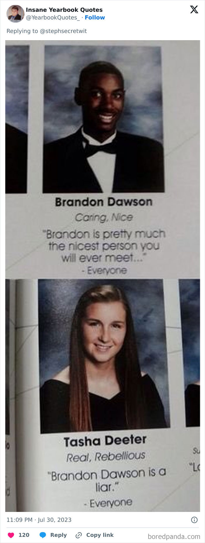 Yearbook quotes featuring senior portraits and humorous text from epic yearbook quotes shared by students.