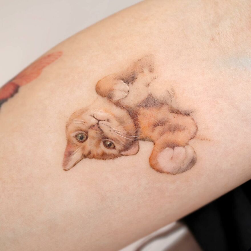 Tattoo of a realistic orange kitten, showcasing painting-like art style with nature and animal elements.
