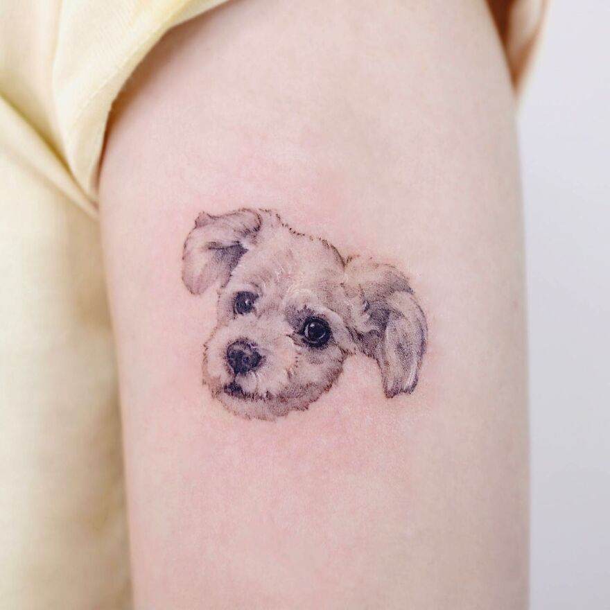 Tattoo of a dog's face with painting-like detail by a Korean ink artist.