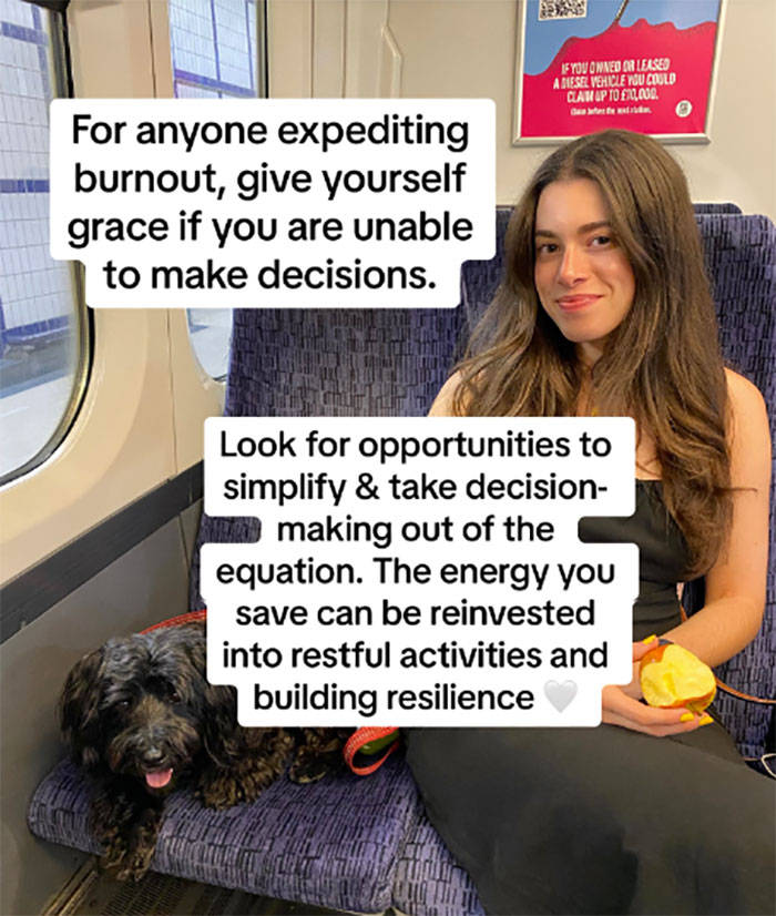 Woman on train with advice on burnout, suggesting simplicity and energy-saving for building resilience.