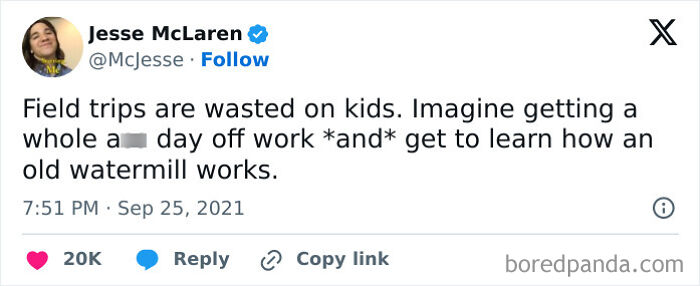 Tweet about wasting field trips and taking a day off work, part of hilarious work posts and memes collection.