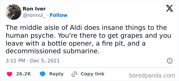 A relatable meme about impulse purchases in the middle aisle of Aldi, depicting humorous shopping experiences.