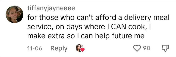 Comment discussing meal prep as a strategy to avoid burnout, with a profile picture and heart emoji near a reply icon.