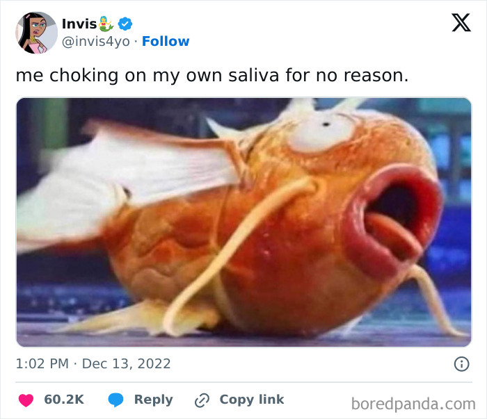 Relatable meme of a fish with its mouth open, captioned about choking on saliva, from a Facebook page.