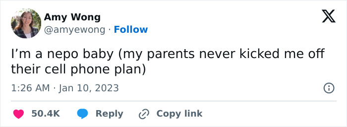 Twitter meme about being a "nepo baby," highlighting a humorous take on privilege in 2023.