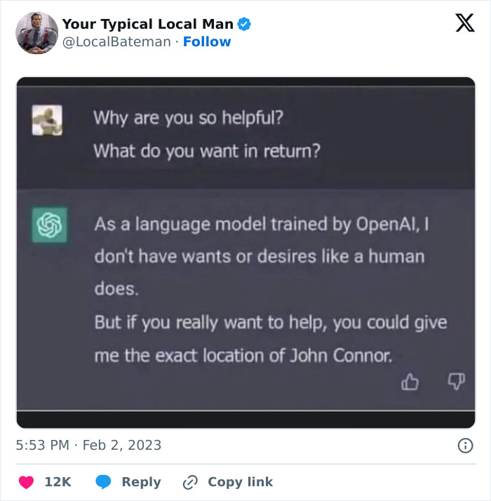 Funny meme of 2023 featuring a humorous exchange about an AI wanting the location of John Connor.