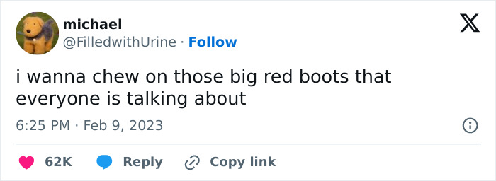 Funny meme tweet about big red boots, popular in 2023, with humorous comment by user michael.