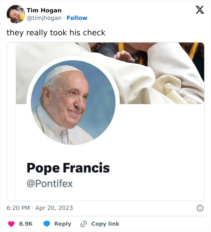 Funny meme from 2023 featuring Pope Francis with humorous caption about taking his check.