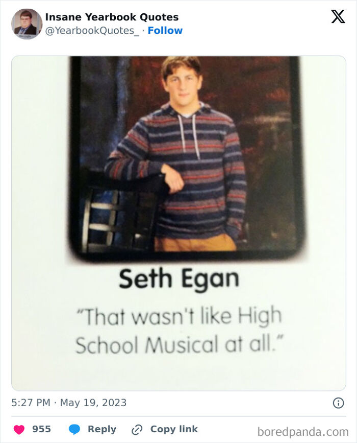 A student in a striped hoodie shares a funny yearbook quote about "High School Musical."