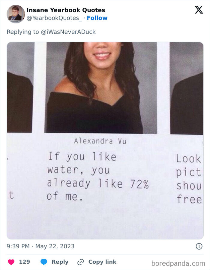 Senior portrait with a funny yearbook quote about water and 72 percent, highlighting epic yearbook quotes shared online.