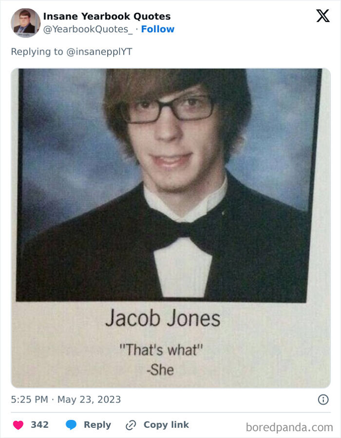 Young man in a tuxedo with glasses featured in a yearbook quote saying, "That's what" -She, highlighting epic yearbook quotes.