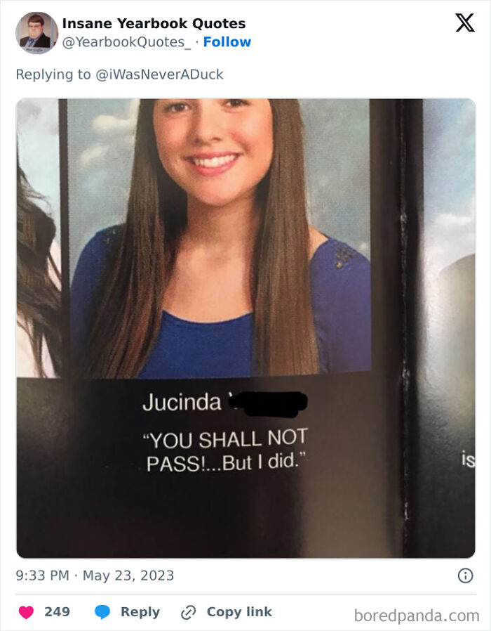 Smiling young woman in yearbook photo with a funny epic yearbook quote about passing despite challenges.