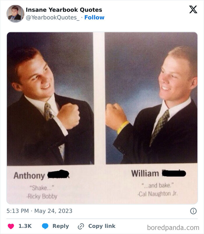 Two young men in yearbook photos posing with fists out, featuring hilarious and epic yearbook quotes shared online.