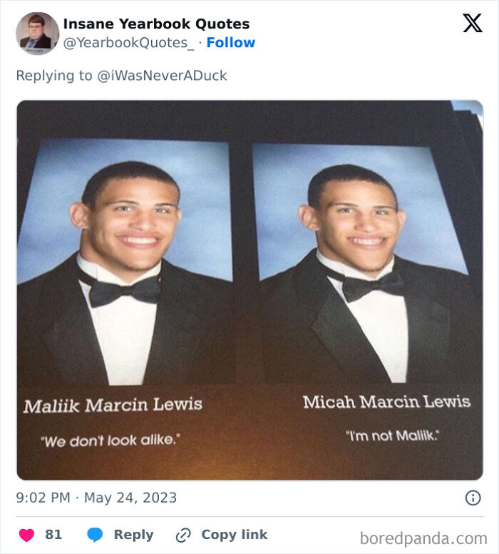 Yearbook photos of twins with funny yearbook quotes highlighting their differences in epic yearbook quotes collection.