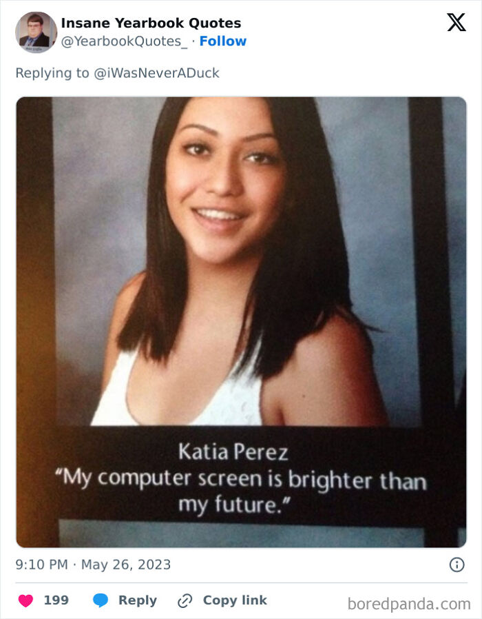 Senior yearbook photo of a smiling student with an epic yearbook quote about a bright computer screen and uncertain future.