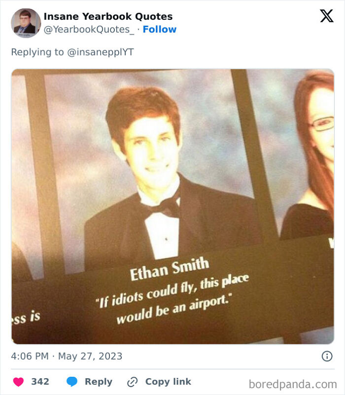 Senior photo of a young man with a funny yearbook quote, showcasing epic yearbook quotes shared online.