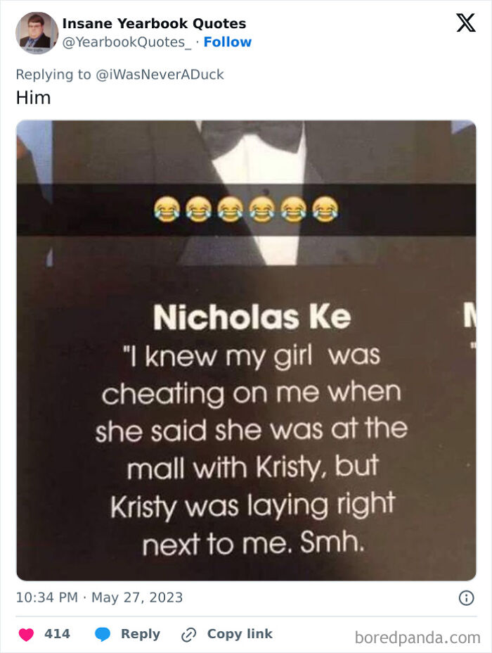 Screenshot of a funny yearbook quote about cheating and friendship, illustrating epic yearbook quotes shared online.