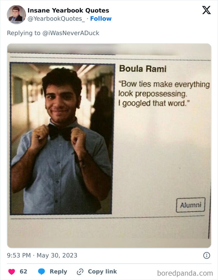 Man in a blue shirt posing with a humorous yearbook quote about bow ties, highlighting epic yearbook quotes.