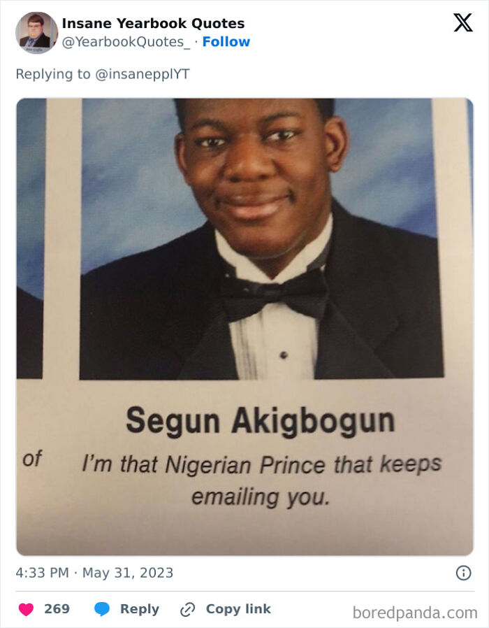 Young man in a tuxedo with an epic yearbook quote referencing a Nigerian prince joke.