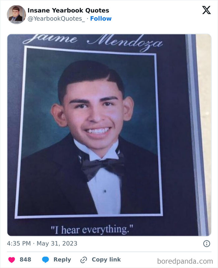 Student's epic yearbook quote: "I hear everything," with a formal photo in a tuxedo.