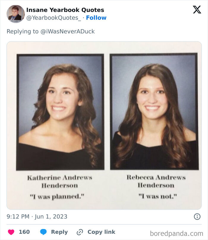 Two students with humorous yearbook quotes: "I was planned" and "I was not."