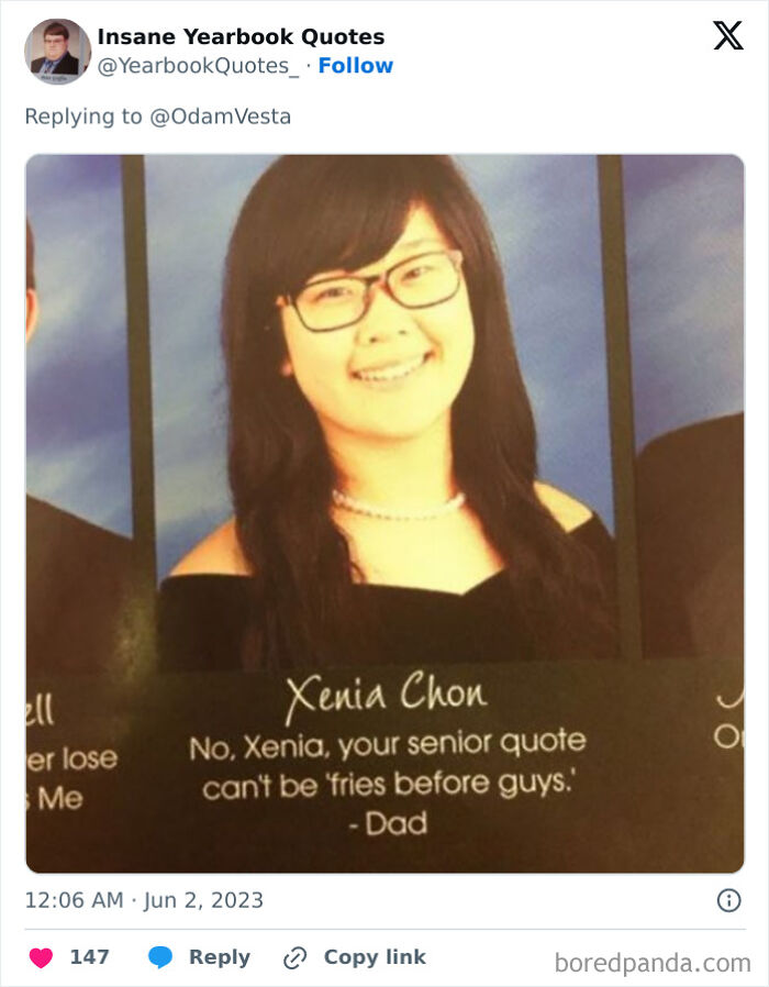 Smiling student with glasses, featuring a funny senior quote from her dad about yearbook quotes.
