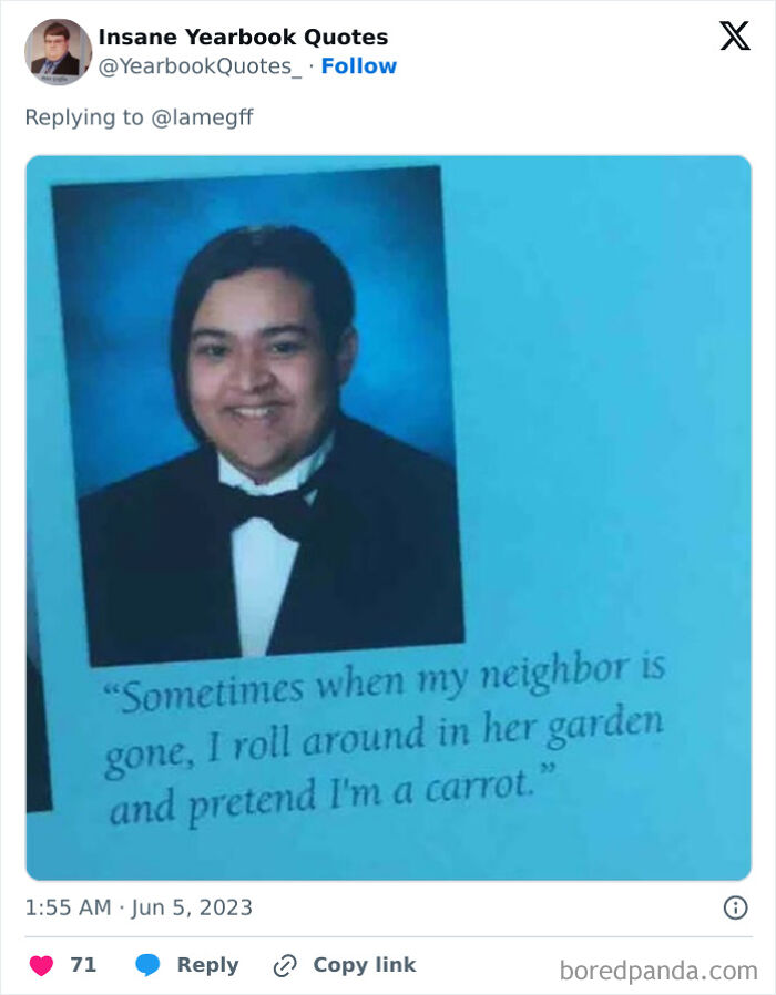 Yearbook quote with humorous text about pretending to be a carrot.