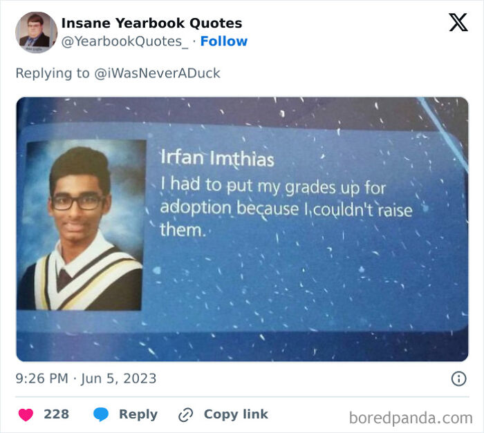 Yearbook photo with a humorous quote about grades and adoption.