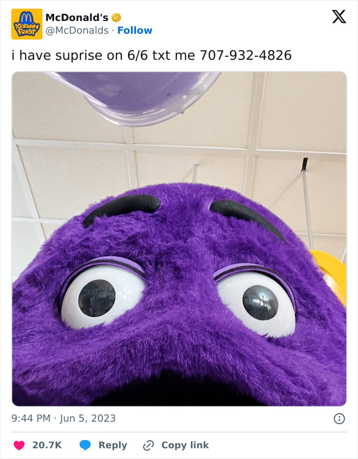 Purple mascot close-up in a McDonald's tweet; funny memes of 2023.
