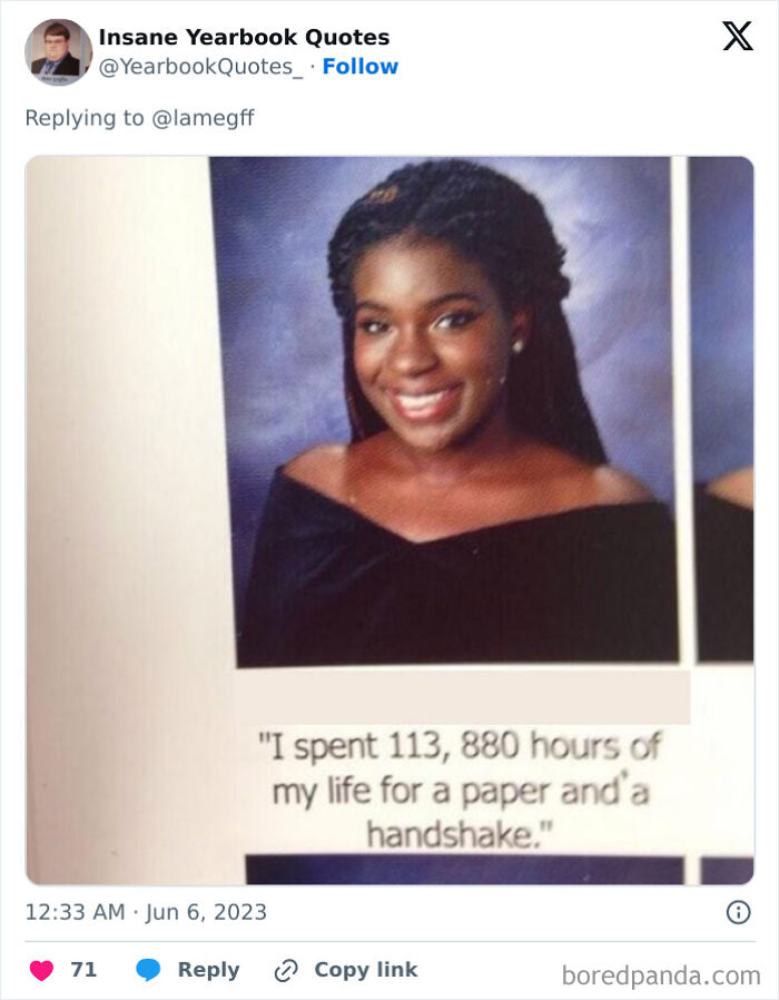 Smiling student with an epic yearbook quote about spending 113,880 hours for a paper and a handshake.