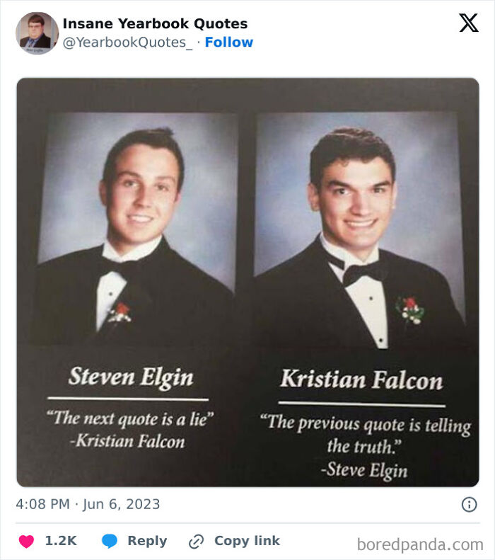 Two students in tuxedos with humorous yearbook quotes from an epic collection.