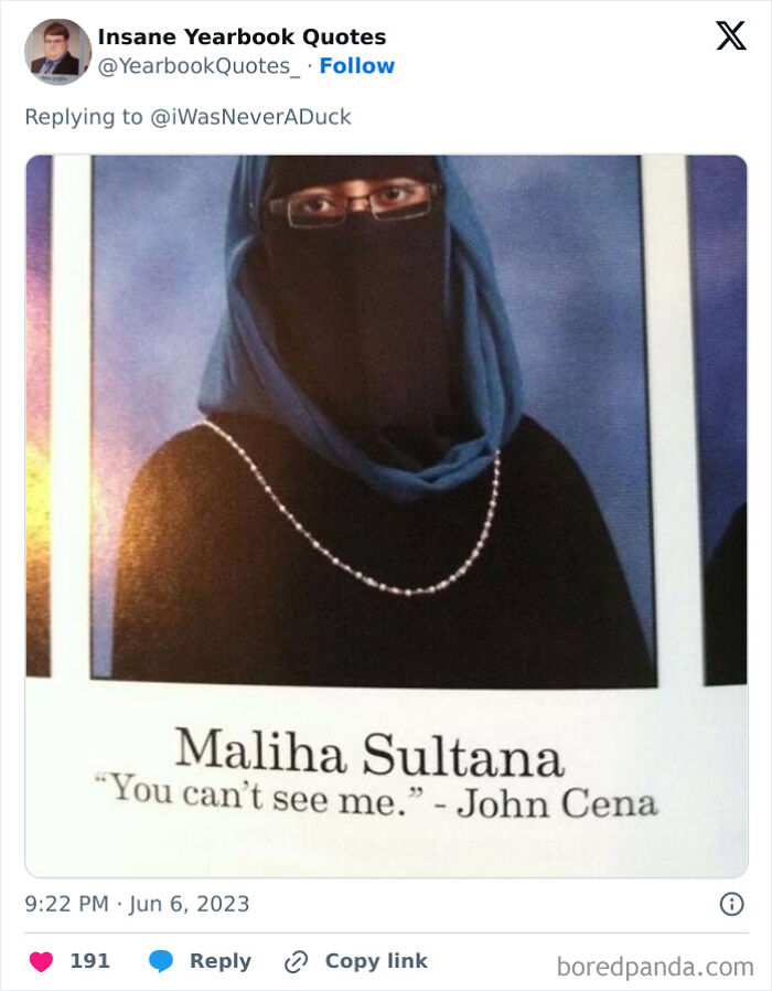 Yearbook quote with person in a niqab and glasses, featuring the funny phrase “You can’t see me.” by John Cena.