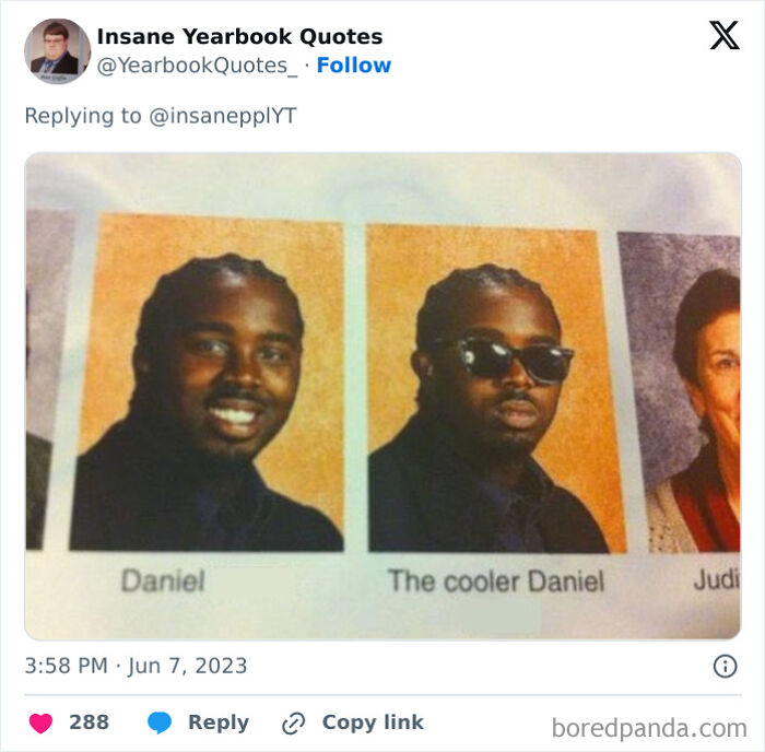 Yearbook quotes: Two side-by-side photos of a student named Daniel, with one labeled "The cooler Daniel," wearing sunglasses.