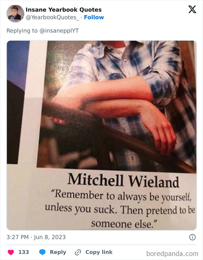 Person in a plaid shirt with a humorous yearbook quote about being yourself, part of epic yearbook quotes collection.