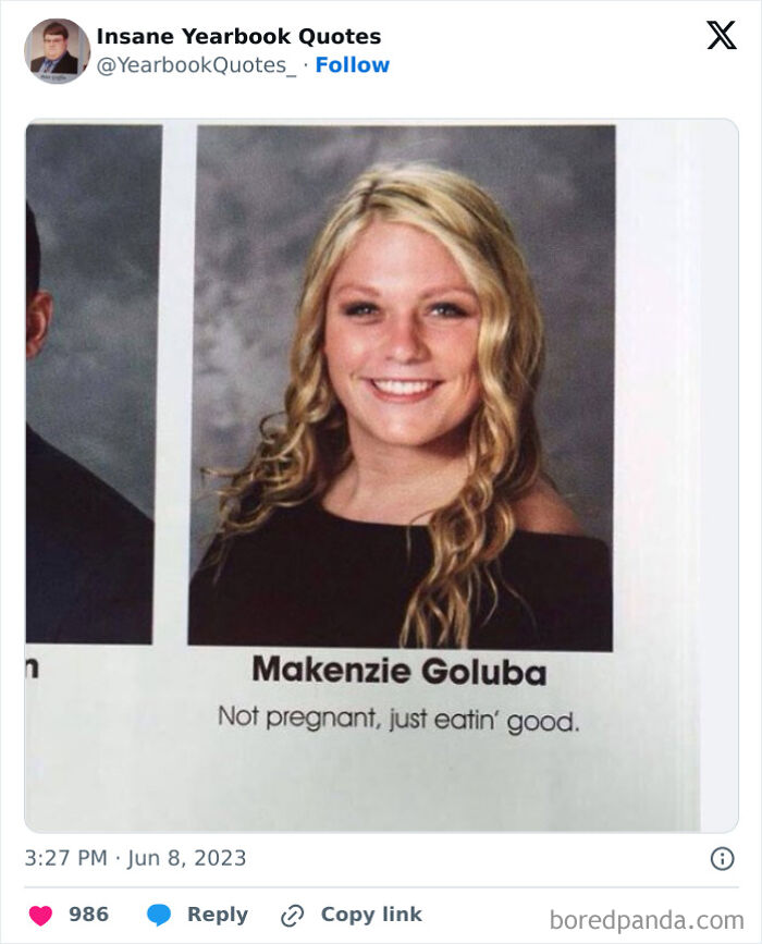 Blonde female student smiling with a humorous yearbook quote about eating well, showcasing epic yearbook quotes.