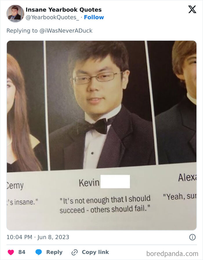 A yearbook photo of a student with a tuxedo and glasses featuring an epic yearbook quote about success and failure.