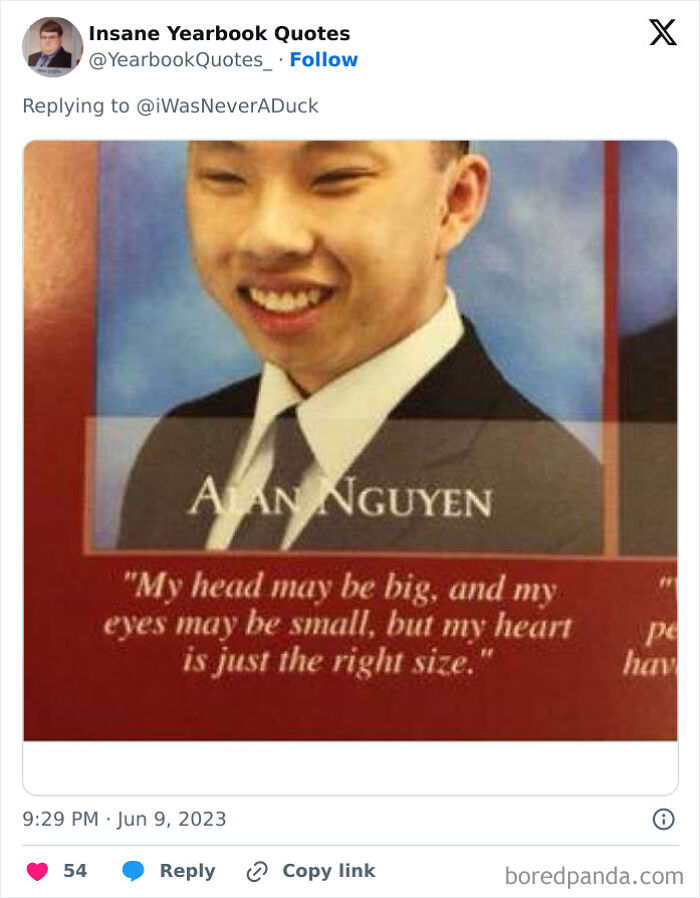 Yearbook quote with humor about head, eyes, and heart size.