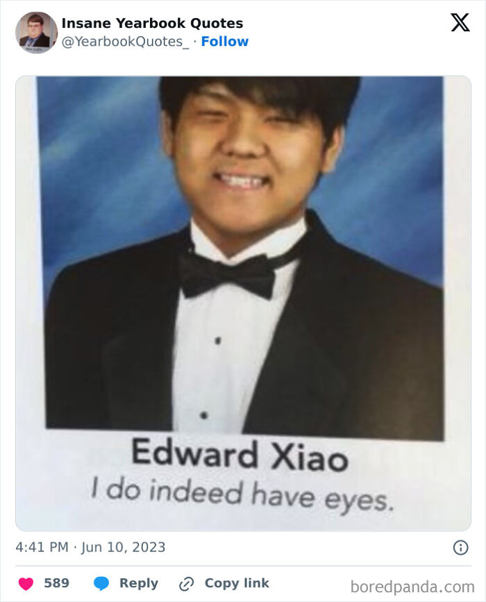 Student yearbook photo with amusing quote, "I do indeed have eyes."