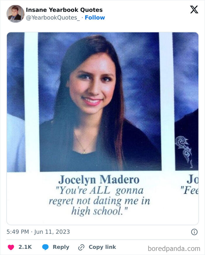 Smiling young woman with long brown hair and a yearbook quote, showcasing epic yearbook quotes from high school.