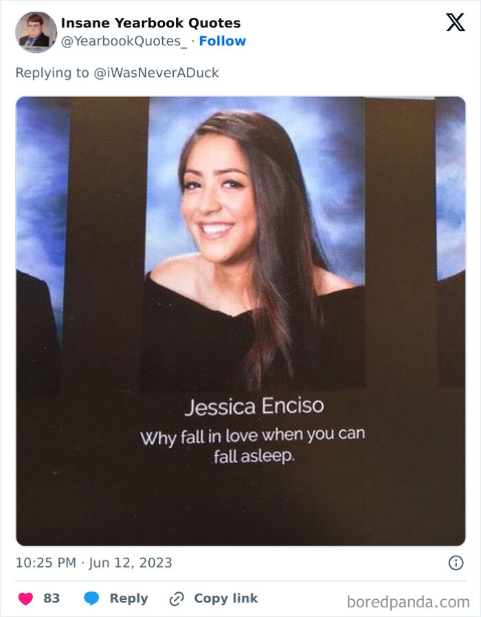 Yearbook quote by Jessica Enciso with a humorous message about love and falling asleep, part of epic yearbook quotes.