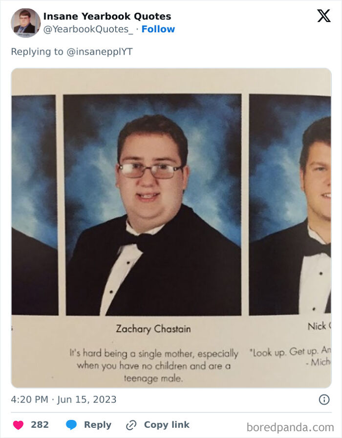 Yearbook photo with an epic quote about being a single mother from a teenage male.