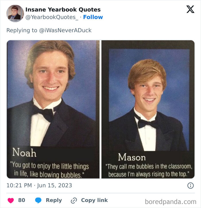 Two students in tuxedos with epic yearbook quotes about enjoying life's little things and rising to the top.