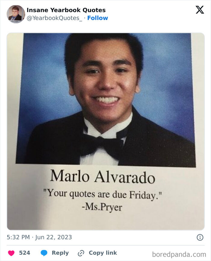 Smiling student with a unique yearbook quote from Ms. Pryer, showcasing epic yearbook quotes.