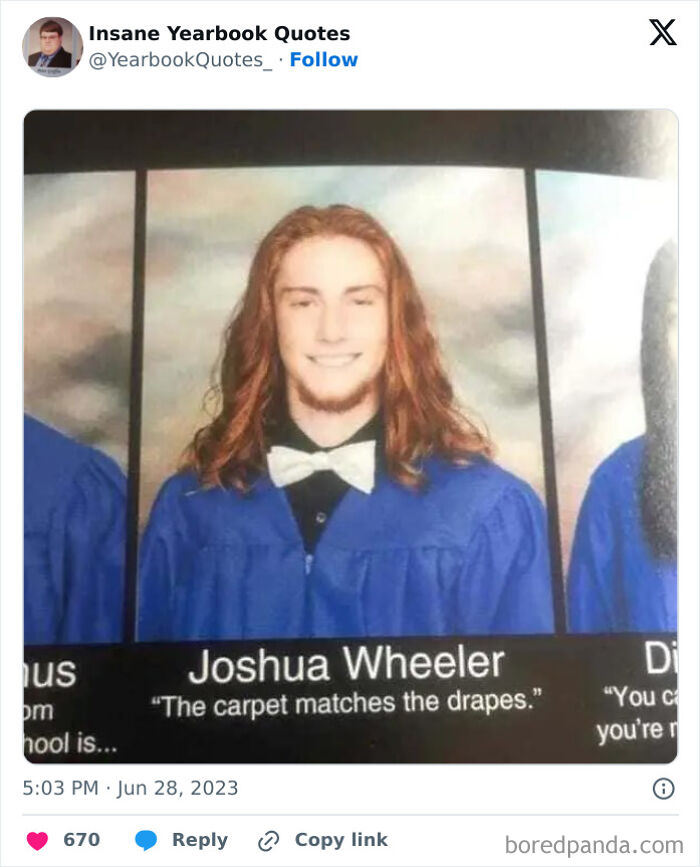 High school senior in blue graduation gown and white bow tie with an epic yearbook quote about carpets and drapes.