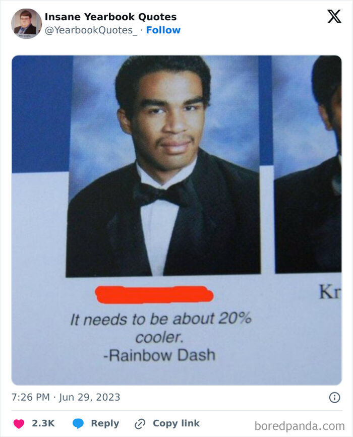 High school senior in tuxedo with yearbook quote humorously citing Rainbow Dash for cooler vibes. Yearbook quotes featured.