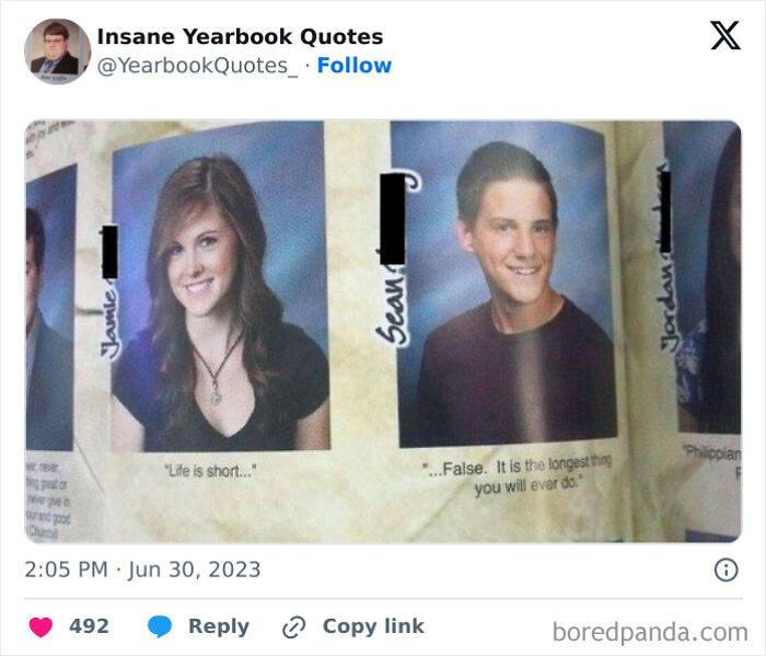 Yearbook photos of two students with epic yearbook quotes about life, featured in a social media post.